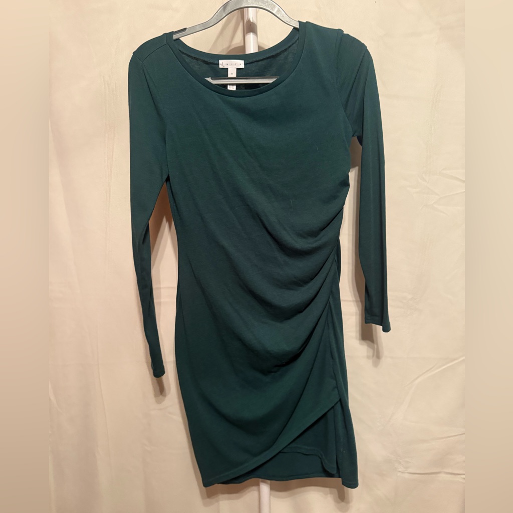 Eliza J Green Ruched Side-Slit Long Sleeve Dress